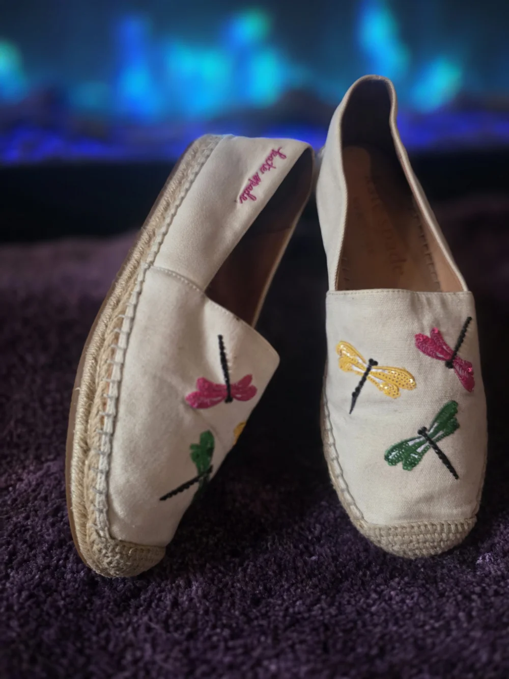 Katkate spade Neutral Espadrilles with Pink, Yellow & Green Dragonfly Embroidery